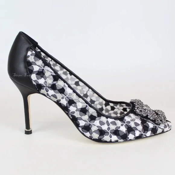 NEW MANOLO BLAHNIK Hangisi Mid-Heel Satin & Lace Pumps - Picture 7 of 13